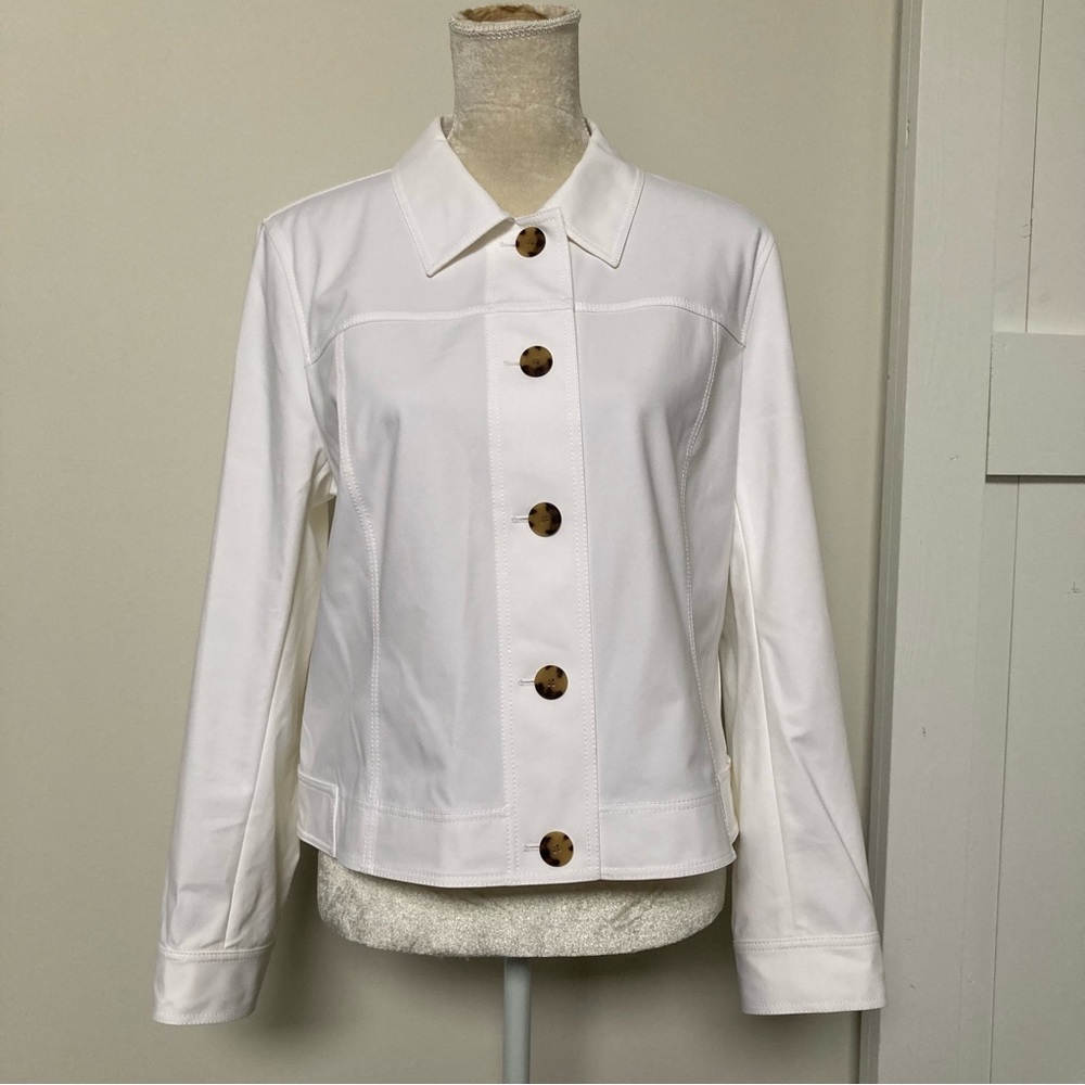 Lafayette 148 white stretch denim jacket tortoise buttons classic size 12